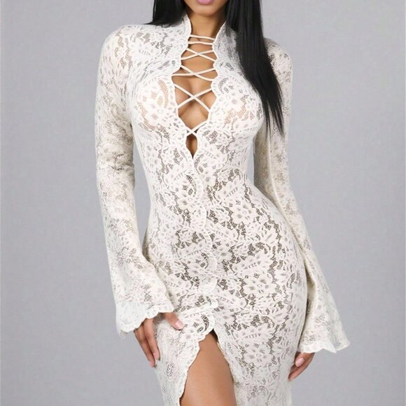 Elegant White Women's Long Sleeved Deep V-Strap Lace Trumpet Dress - Picture 4 of 5